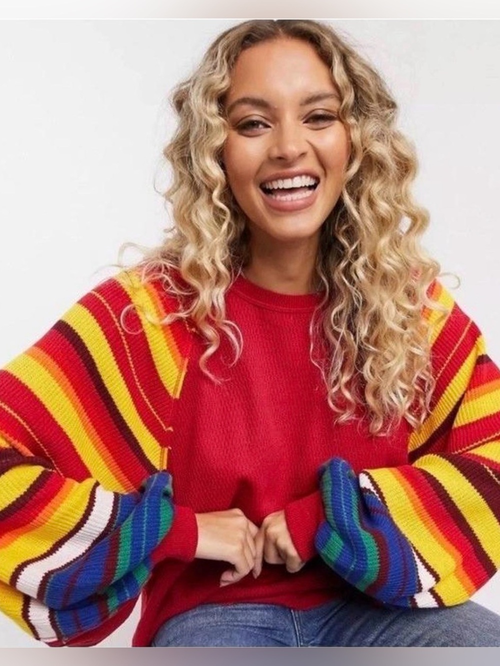 Free People We the Free Rainbow Dreams Balloon Sleeve Pullover Textured Sweater